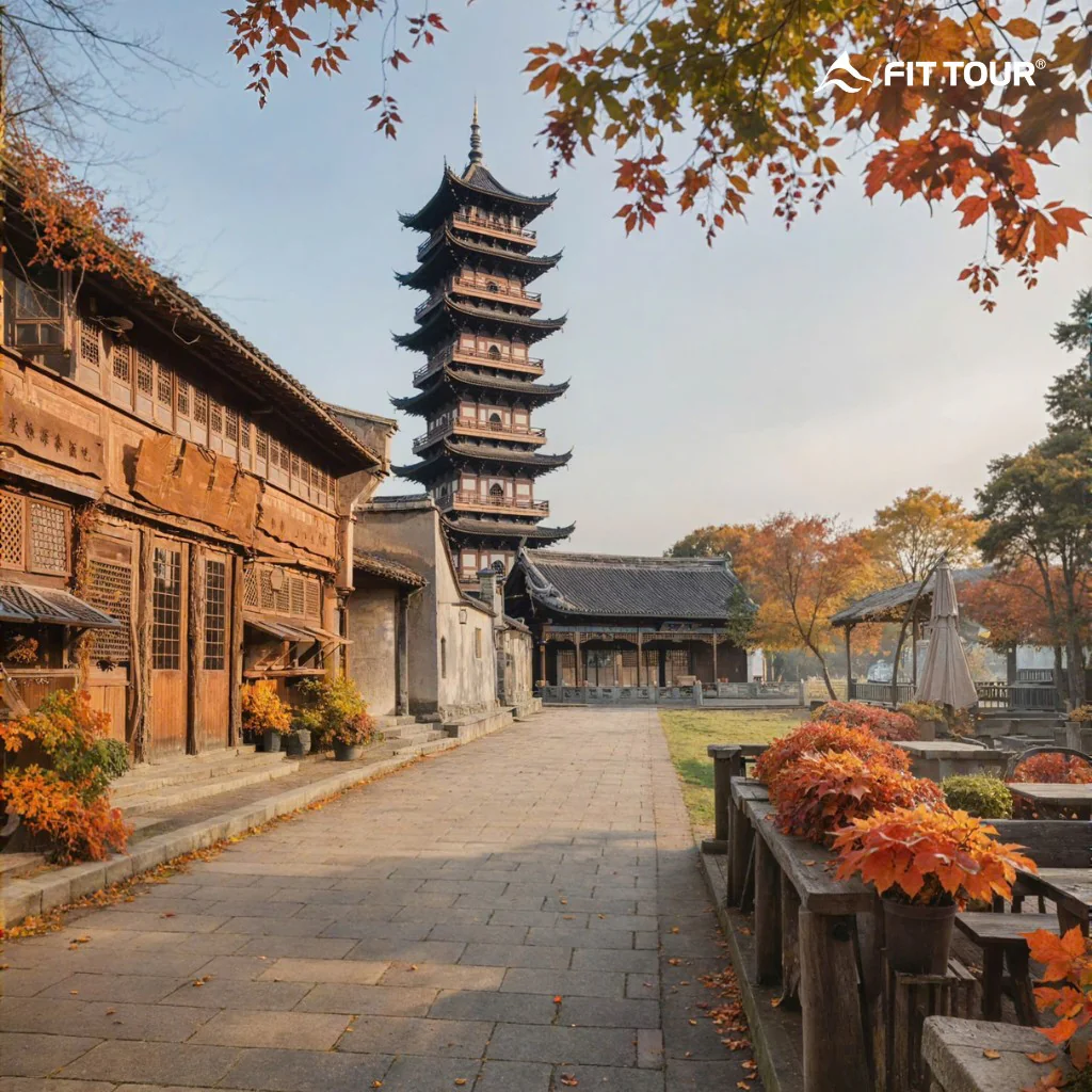 Quần thể kiến trúc tháp cổ và nhà truyền thống đậm chất Giang Nam trong khuôn viên tham quan của FIT Tour.