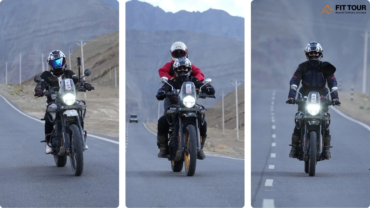 Ba Rider lái xe Royal Enfield giữ cự ly so le zic-zac an toàn trên quốc lộ Leh Ladakh