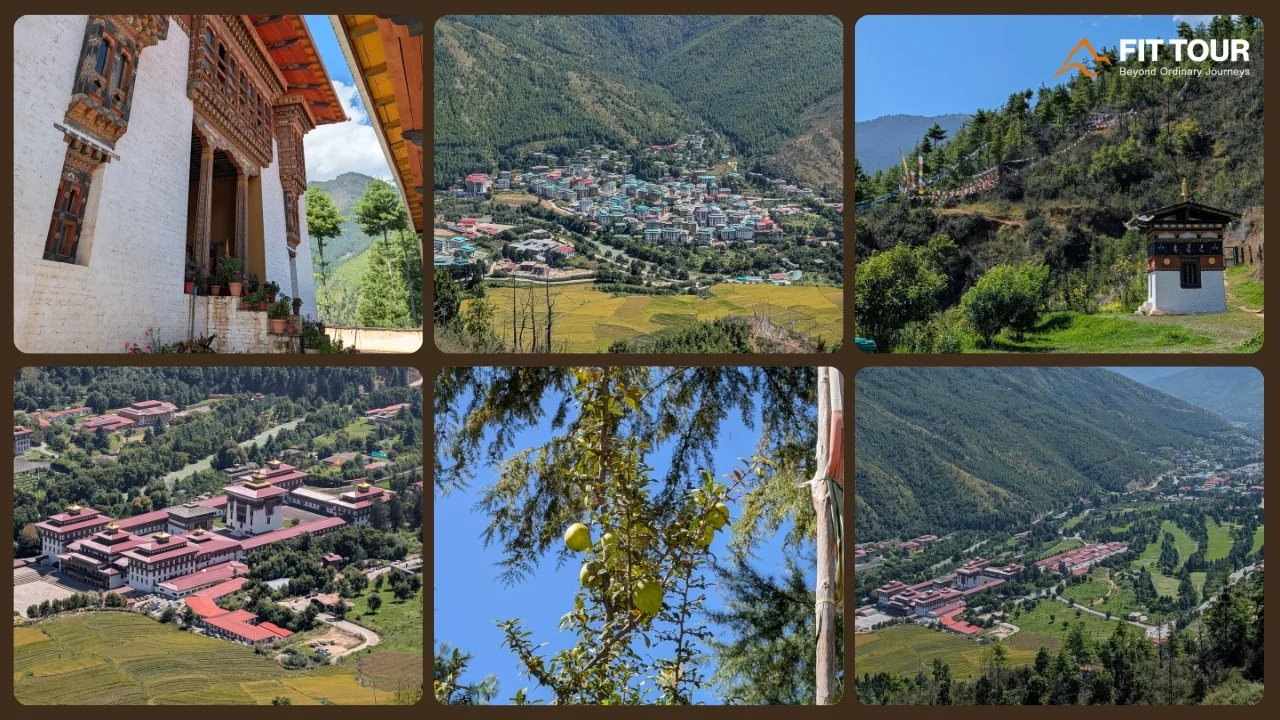 Cảnh quan Wangditse Lhakhang, kiến trúc Bhutan và thung lũng Thimphu nhìn từ trên cao