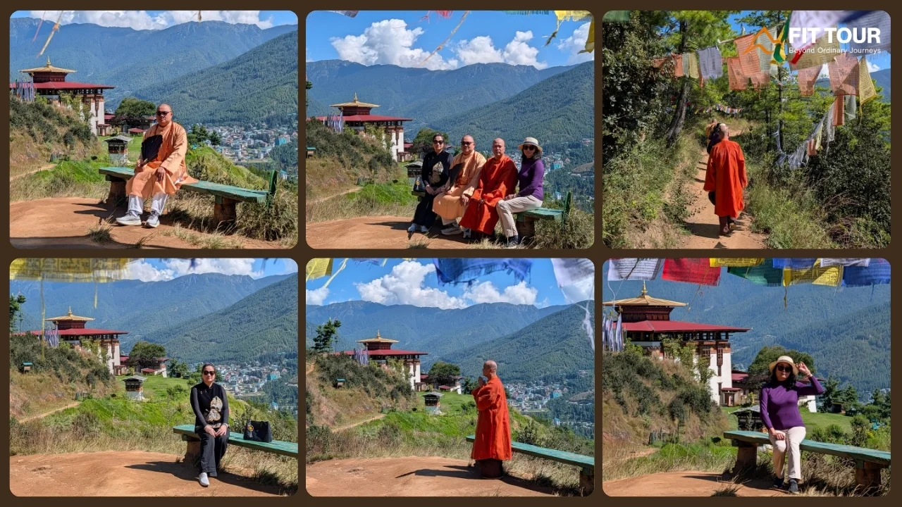 Du khách đi bộ trên cung đường Wangditse Lhakhang với cảnh quan núi và Thimphu phía dưới