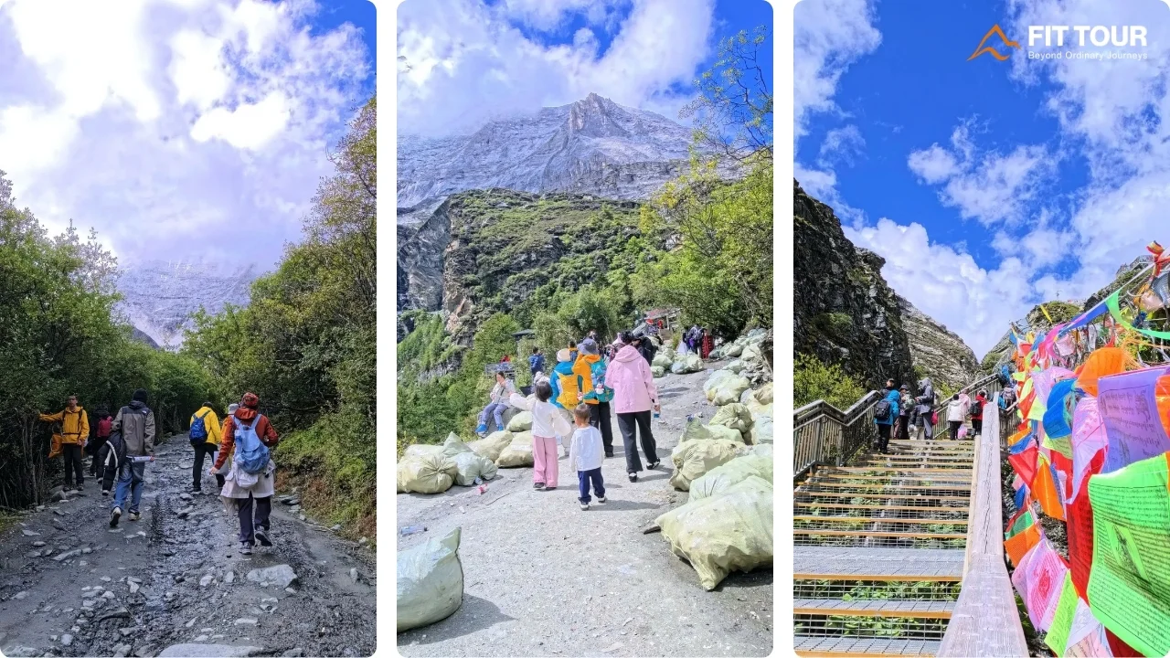 Cung đường trekking bậc thang gỗ kết hợp dốc đá với cờ phong mã rực rỡ tại Đạo Thành Á Đinh