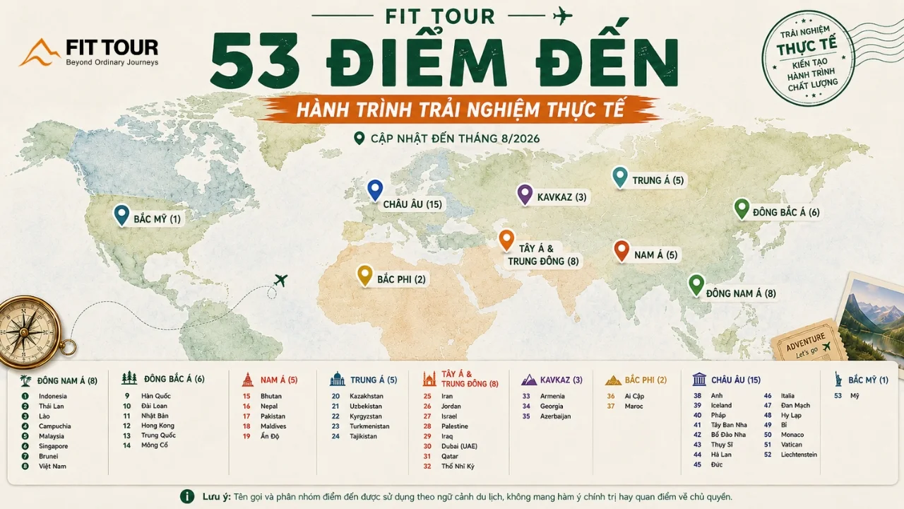 Bản đồ 53 điểm đến hành trình trải nghiệm thực tế by FIT Tour cập nhật tháng 8/2026