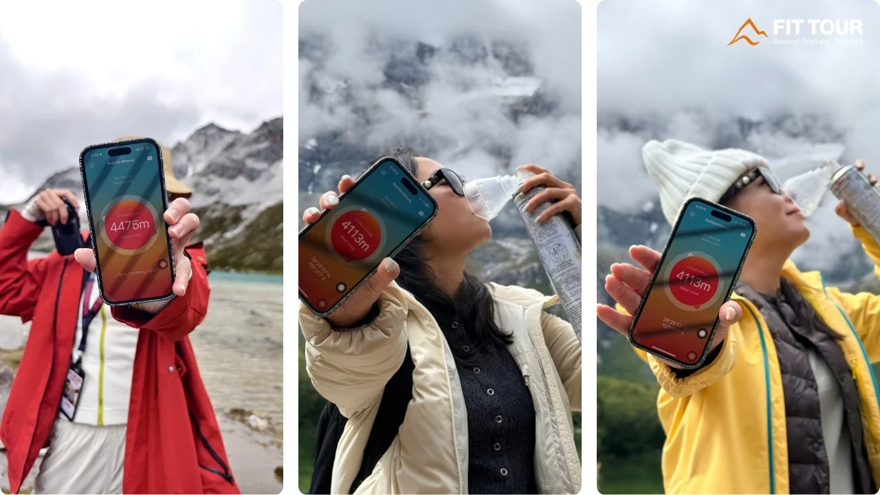 Du khách sử dụng bình oxy cầm tay và theo dõi sức khỏe trên cung đường trekking Đạo Thành Á Đinh