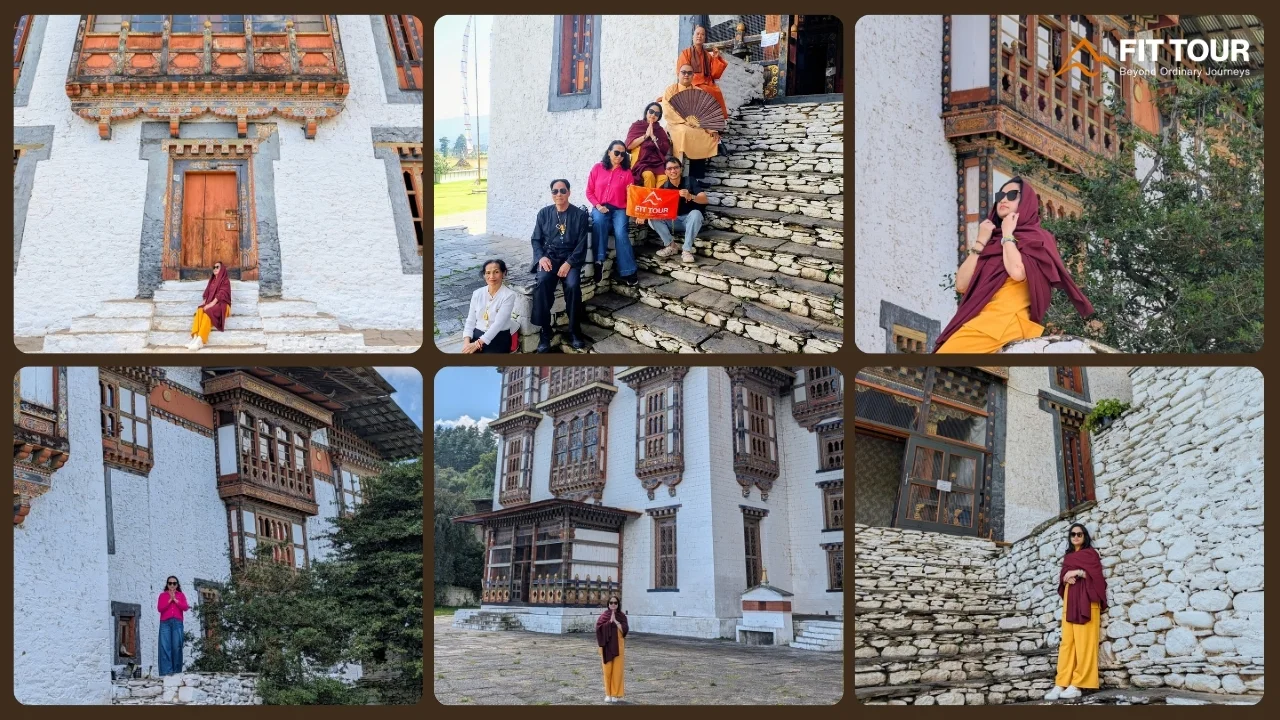 Du khách tham quan nét chạm khắc gỗ và thềm đá cổ tại Kurjey Lhakhang Bumthang