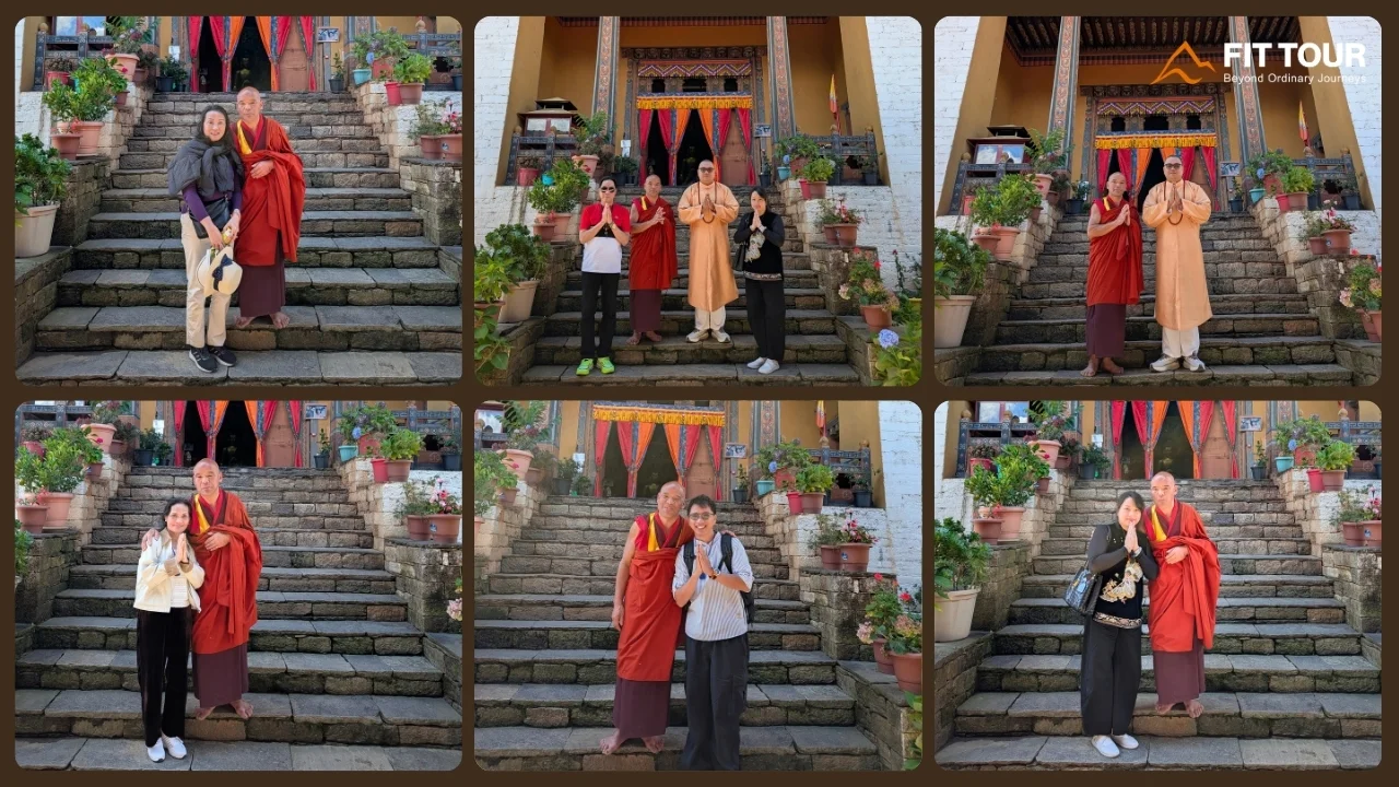 Du khách FIT TOUR gặp gỡ các tăng sĩ trong hành trình tham quan Wangditse Lhakhang Bhutan