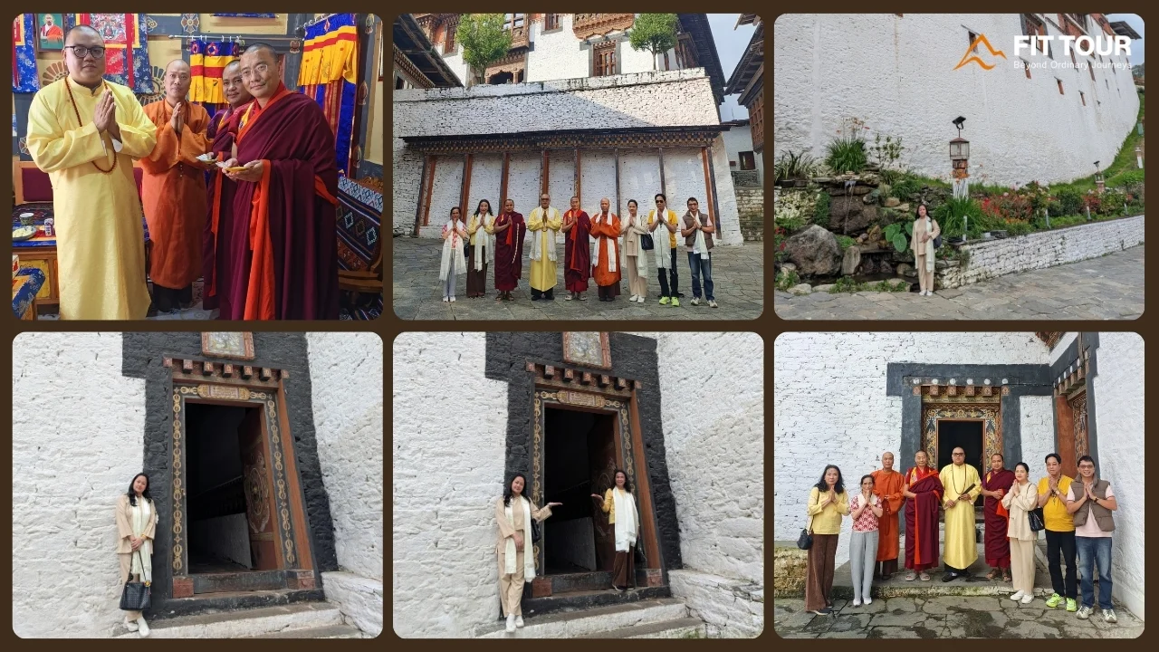 Du khách và các tăng sĩ trẻ trong không gian tôn giáo thanh bình tại Trongsa Dzong