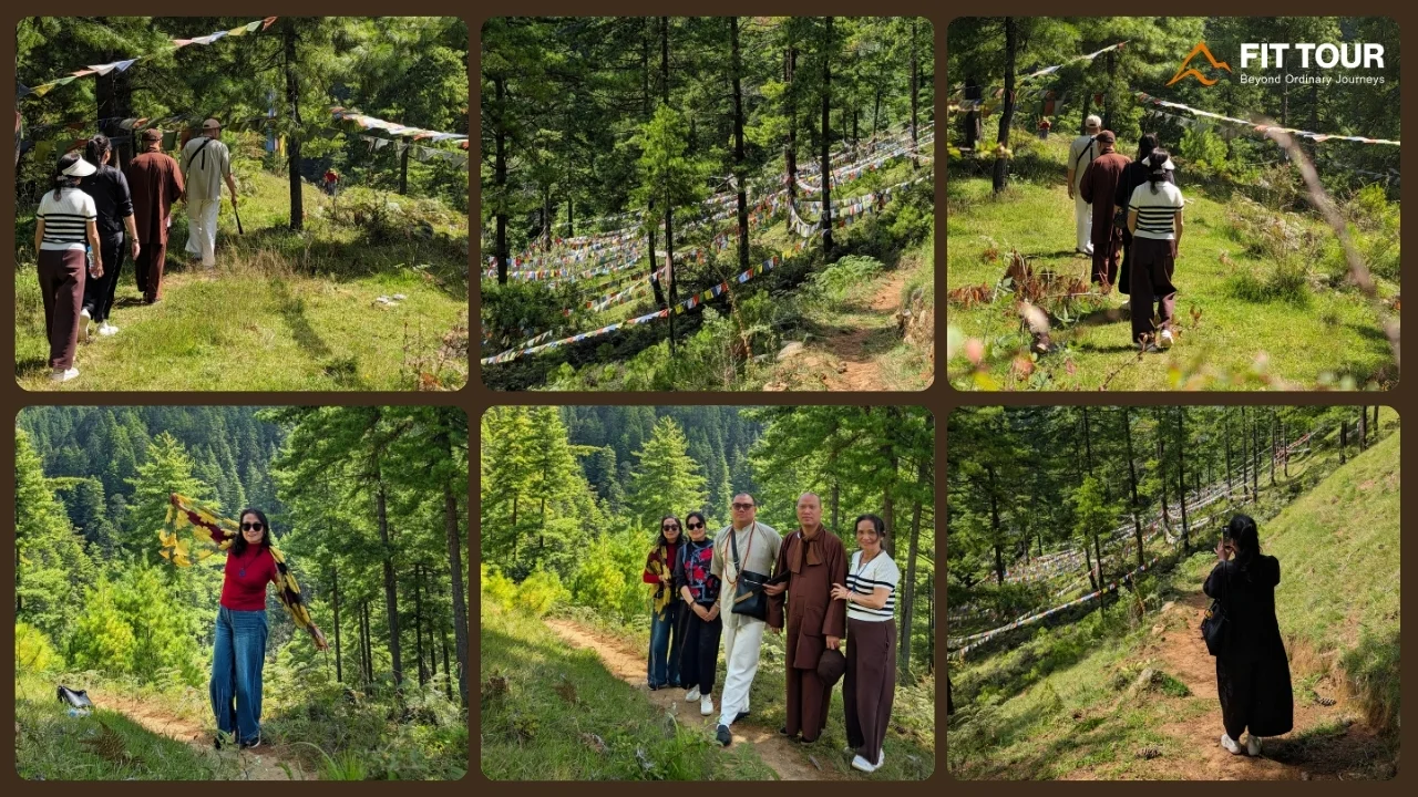 Lối mòn đi bộ xuống hẻm đá Mebar Tsho giữa rừng cây tại Bumthang Bhutan