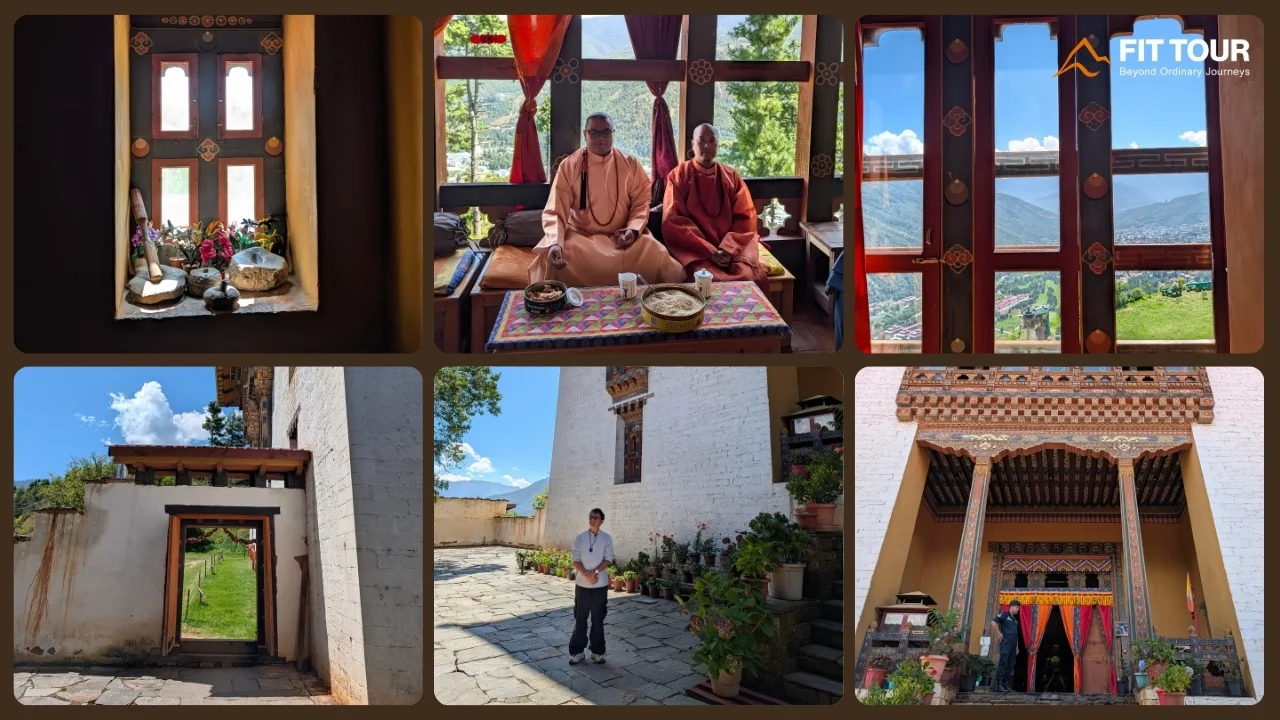 Không gian kiến trúc và sinh hoạt bên trong Wangditse Lhakhang với tầm nhìn xuống Thimphu