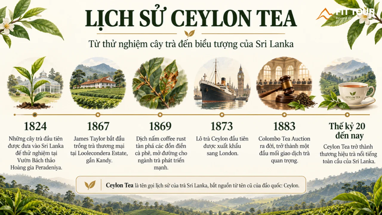 Infographic tóm tắt các mốc lịch sử hình thành và phát triển của Trà Ceylon Sri Lanka từ năm 1824