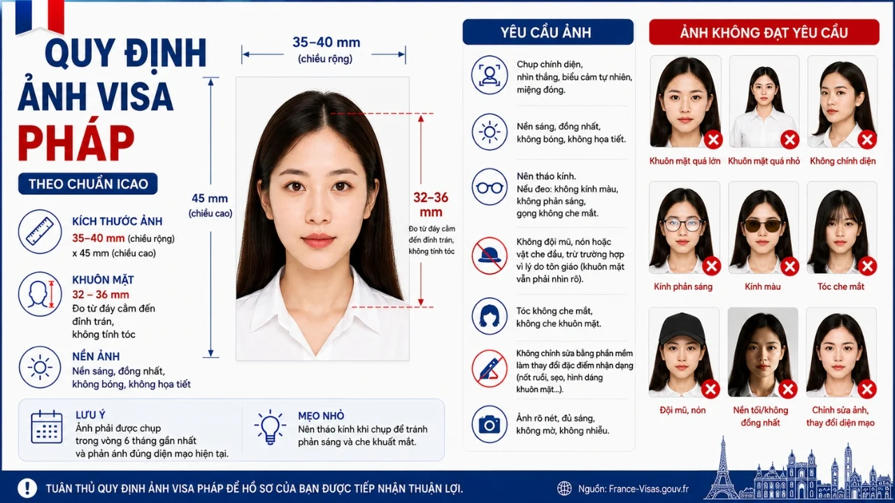 Quy định và bảng minh họa ảnh visa Pháp chuẩn ICAO
