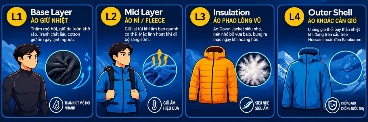 Mặc Gì? Nguyên Tắc Layering Chuẩn Leo Núi dã ngoại Pakistan mùa thu