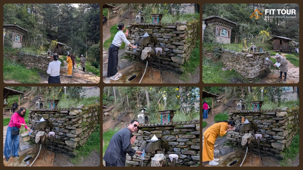 Du khách hứng dòng nước thiêng Kurje Drupchhu cầu nguyện bình an tại Bumthang Bhutan