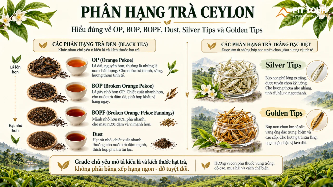 Infographic phân hạng các cấp bậc Trà Ceylon như OP, BOP, BOPF và kích thước hạt trà