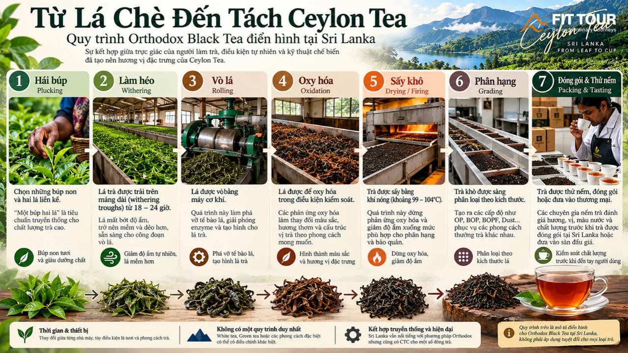 Infographic sơ đồ quy trình sản xuất Trà Ceylon Orthodox truyền thống 7 bước