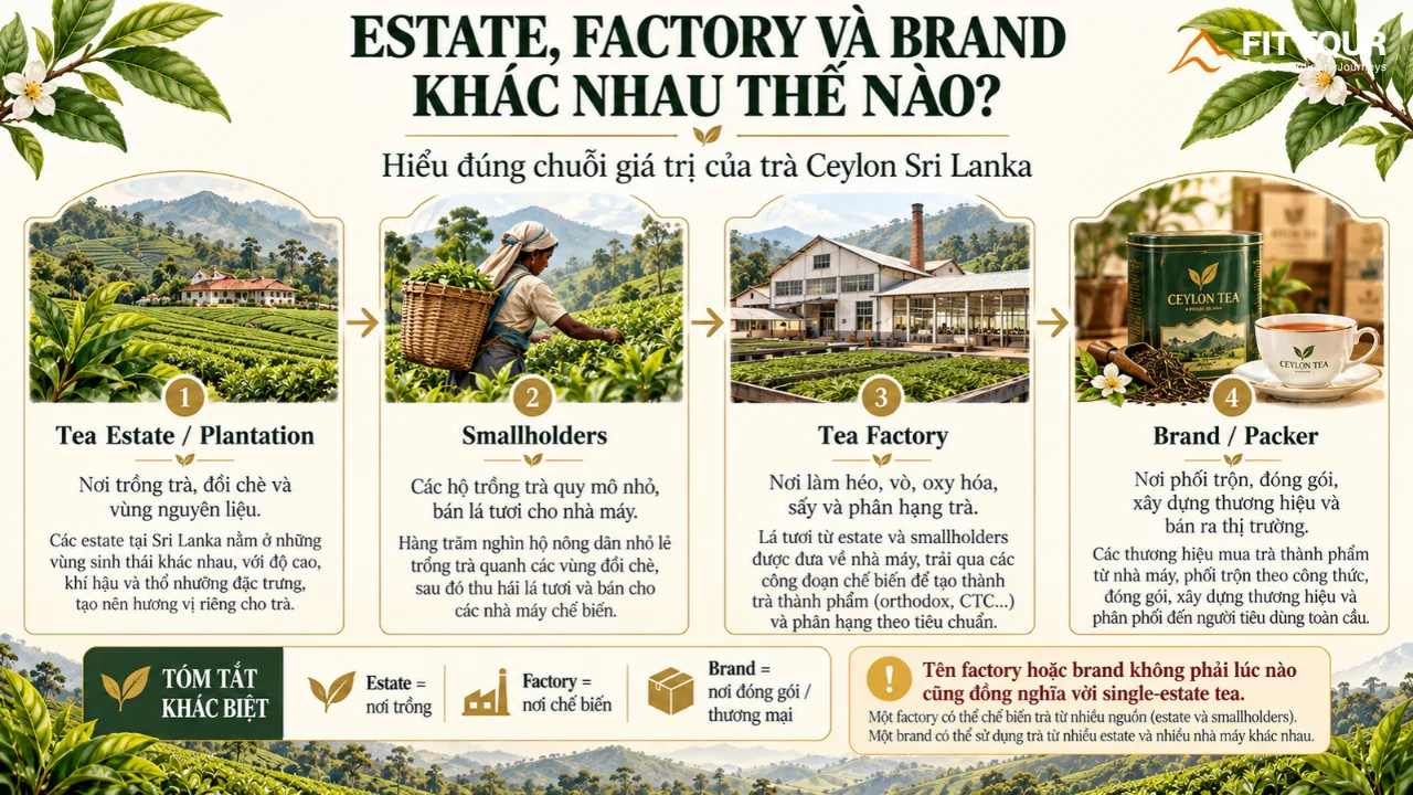 Infographic phân biệt Đồn điền (Estate), Nhà máy (Factory) và Thương hiệu (Brand) trong ngành Trà Ceylon