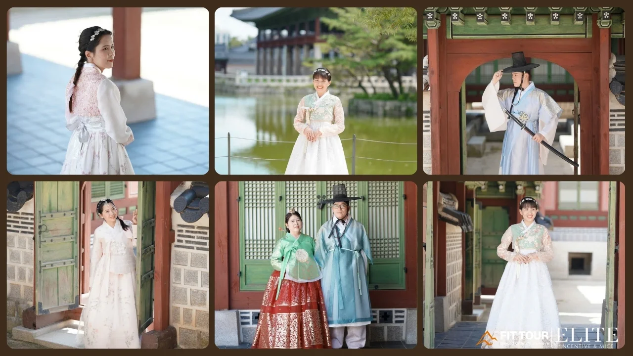 Thành viên đoàn VIB mặc trang phục Hanbok truyền thống chụp ảnh kỷ niệm tại cung điện Hàn Quốc