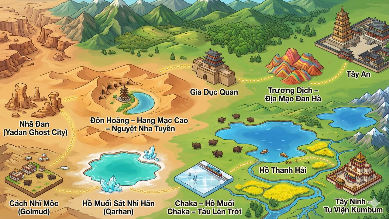 Bản đồ tuyến hành trình kết nối Thanh Hải và vùng Tây Bắc Trung Quốc